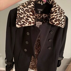 Bebe Black Pea Coat with Leopard Print fur Accents